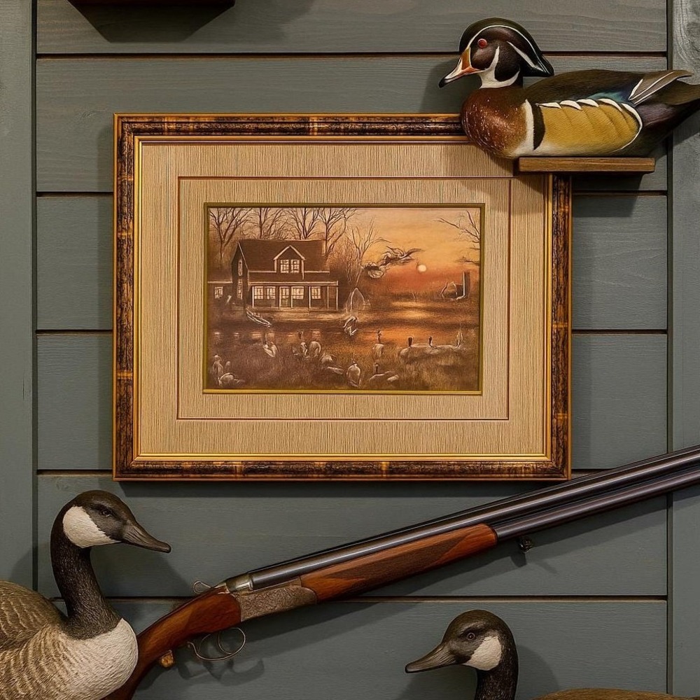 Framed Canada Geese Wildlife Art Print Sunset Lake House Farm Rustic Decor